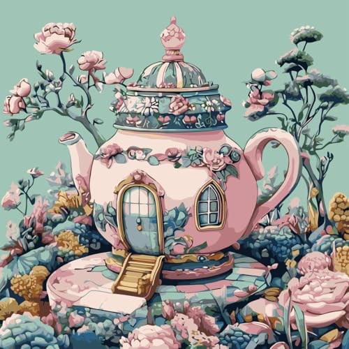 Paint by Numbers Kit for Adults Beginners, Teapot House Adult Paintby Number Kits On Canvas, DIY Acrylic Watercolor Oil ColorfulPainting by Number for Adults Without Frame for Home Decor 16 x16 Inch - color: MT22783