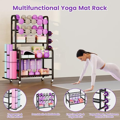 Homeiju Dumbbell Rack, Weight Rack for Home Gym, Yoga Mat Storage Holder with Lockable Wheels, Dumbbell Stand with Hooks, All in One Work out Equipment Storage for Yoga Mat Dumbbell and Balls - size: 5-Tier