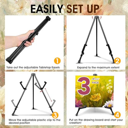 AROIC 3 Pack 14'' Tabletop Easels, Black Steel Table Top Easels for Display | Adjustable Portable Table Top Easel for Paintings, Signs, Posters,Frame Pictures(with 3 Bags) - style: 3P