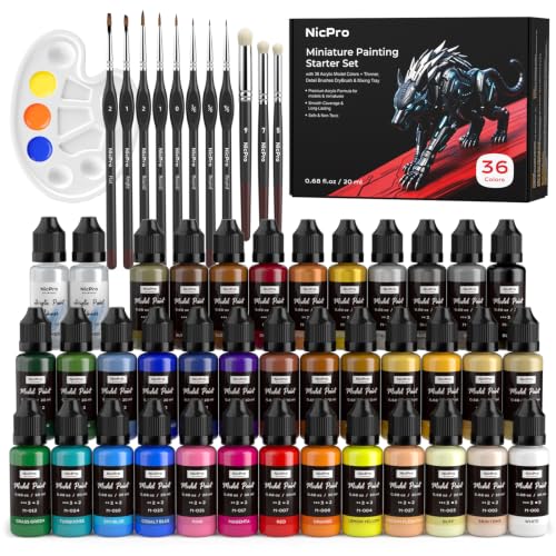 Nicpro All-In-One Miniature Painting Kit, Starter Paint Set with 36 Colors | Model Paint & Thinner(20ml), Palette, 11 Detail Paint Brushes Drybrush, Miniature Paint Set for Models, Scale Figures, Crafts - color: 36 Colors + 11 Paint Brushes + 2 Thinner +