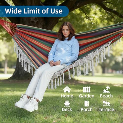 Posprica Brazilian Style Double Hammock with Fringe, 2 Person Patio Hammock for Backyard & Indoor Relaxation, Soft Breathable Fabric, Easy Setup with Straps & Carry Bag, 360 lbs Capacity - color: Red Stripe