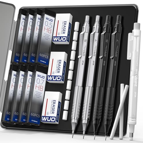 WUO Mechanical Pencil Set, 4 Pack 0.5mm & 0.7mm Metal Drafting Pencils | Mechanical pencils with 480 HB leads, eraser pen, 4B erasers, case for technical drawing, sketching, writing & school - color: Black+Sliver