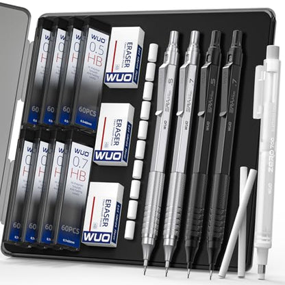 WUO Mechanical Pencil Set, 4 Pack 0.5mm & 0.7mm Metal Drafting Pencils | Mechanical pencils with 480 HB leads, eraser pen, 4B erasers, case for technical drawing, sketching, writing & school - color: Black+Sliver