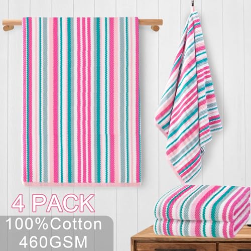VOOVA & MOVAS Striped Bath Towels 4 Pack, 100% Cotton, 28x52 in, Pink Teal - color: Pink + Aqua + Teal Striped, size: 4 PC Bath Towels (28"x52")