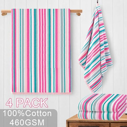 VOOVA & MOVAS Striped Bath Towels 4 Pack, 100% Cotton, 28x52 in, Pink Teal - color: Pink + Aqua + Teal Striped, size: 4 PC Bath Towels (28"x52")