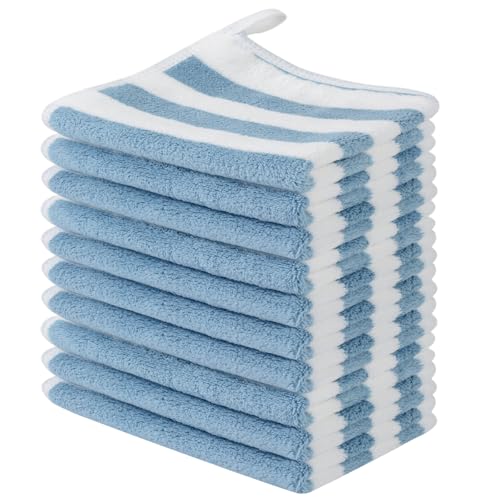 SINLAND Microfiber Facial Cloths Fast Drying Washcloth 12inch x 12inch Absorbent Face Wash Cloth Soft Makeup Remover Cloths - color: Blue Stripes, size: 1 Count (Pack of 10)