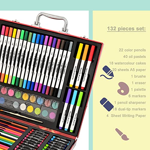Darnassus 132-Piece Art Set, Deluxe Professional Color Set, Creating Gift Box, Art Set Crafts Drawing Painting Christmas Kit for Kids and Adult, Girls Boys - color: Xmas Red