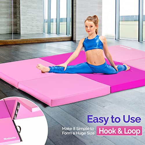 Matladin 6' Folding Tri-fold Gymnastics Gym Exercise Aerobics Mat, 6ft x 2ft x 2in PU Leather Tumbling Mats with Hook & Loop Fastener for Stretching Yoga Cheerleading Martial Arts - color: Purple&Pink
