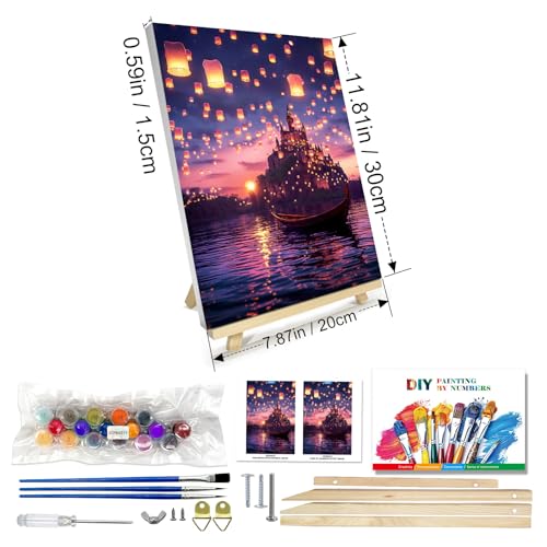 JOOZ Paint by Numbers Kit for Adults with Frame, Castle Paint by Number with Easel, DIY Sunset Boat Easy Paint by Numbers Landscape for Home Wall Decor 8 x 12 Inch - color: Sunset Castle
