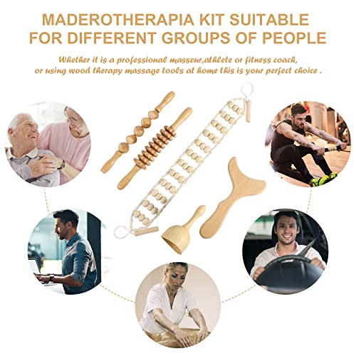 Wood Therapy Massage Tools Professional Maderoterapia Kit Body Sculpting Tools for Lymphatic Drainage and Anti-Cellulite.Wood Massager Roller Rpoe for Back and Muscle Pain Relief (5pcs)