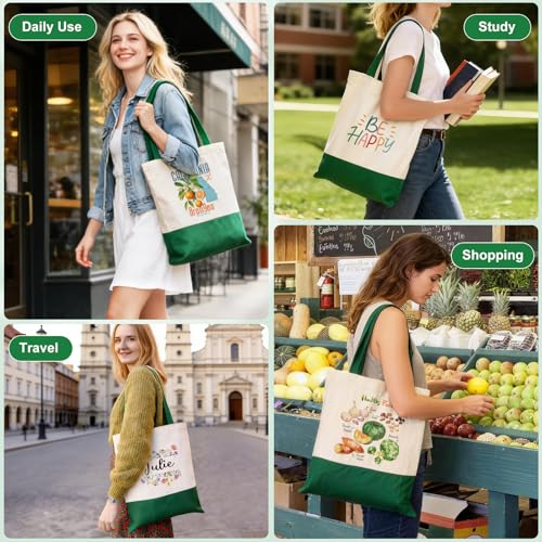 Canvas Tote Bag with Zipper for Women, Halloween Trick or Treat Bags Bulk | 13.8" x 15.3" Fashionable Two-Tone Cotton Tote Bag for Crafts, DIY Your Creative Designs - color: [A2] Beige / Green