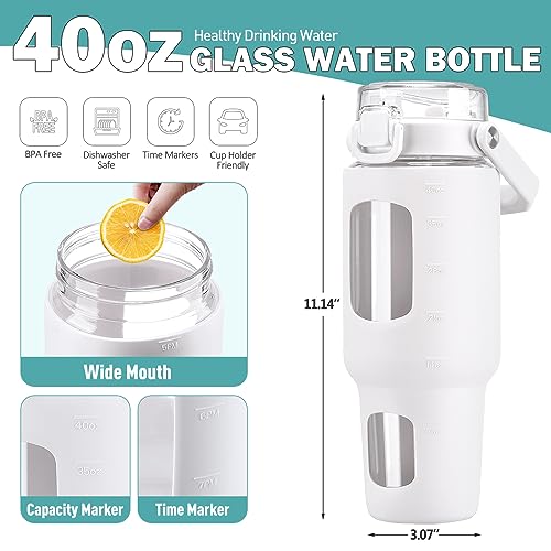 BLUEGO 40 oz Glass Water Bottle with Straw, Leakproof and Time Marker, Wide Mouth for Travel, Gym and Workout, White - color: White, size: 40 Ounces
