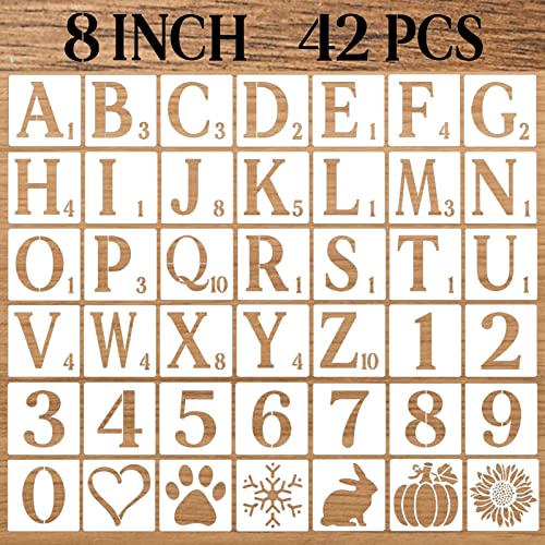 8 Inch Letter Stencils Numbers Craft Stencils, 42 Pcs Reusable Plastic Alphabet Drawing Templates for Painting on Wood, Wall, Fabric, Rock, Chalkboard, Signage, Door Porch, DIY Art Projects - size: 8 Inch