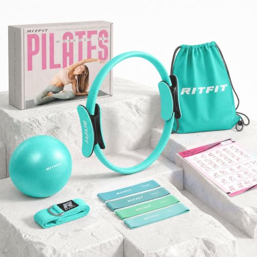 RitFit Pilates Ring 14 Inch Magic Fitness Circle for Inner Thigh Toning | Bonus Workout Guide & Storage Bag Included, Lightweight & Portable, Pilates Yoga Full Body Toning - style: Cyan Kit