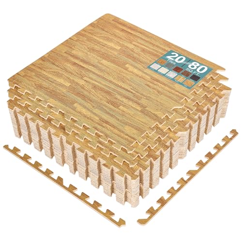 Sorbus Interlocking Wood Grain Foam Floor Tiles (20 Pack, Light) | 3/8-inch EVA floor mats with borders suit playrooms, basements and home gyms, plus trade show flooring and dance areas. - color: Wood Grain - Light, size: 20 Pack