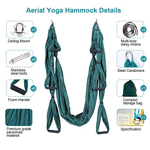 Aerial Trapeze Yoga Hammock Kit - Ultra Strong Antigravity Yoga Flying Sling Inversion Swing Tool Set - color: Green