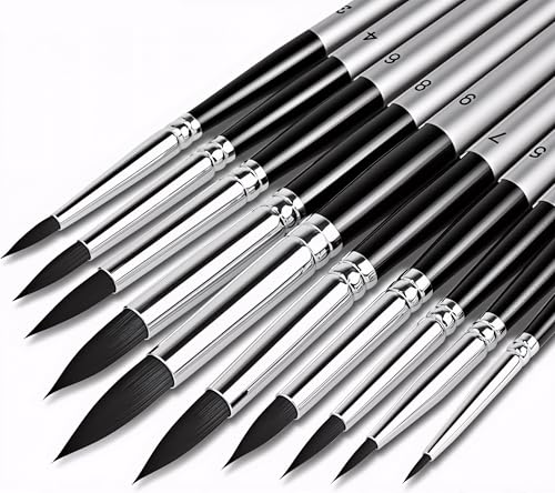 DUGATO Watercolor Brush Set of 10, Round Pointed Tip, Fine Synthetic | Detail Artist Brushes for Acrylic, Oil, Gouache, Wash & Fine Line Work, Anti-Shedding Pointed Bristles - color: Black