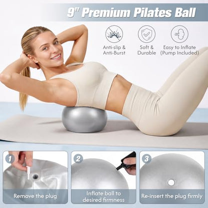 GINMIC Pilates Kit, Pilates Equipment for Home Workouts, at Home Pilates Set with Complete Accessories: Pilates Ring, Pilates Ball, Long and Loop Resistance Bands, Socks, Massage Ball, Guide & Bag - color: Black & Gray