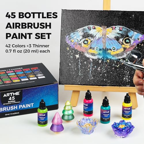 Airbrush Paint, ARTME 42 Colors with 3 Thinner, Ready to Spray, Opaque & Water Based Acrylic Airbrush Paint Set Including Metallic & Neon Colors, Premium Air brush Paints for Metal, Models, Plastic, Canvas, and Wood