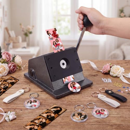 61 Pcs Button Keychain Photo Cutter Photo Booth Keychain Station DIY Kit Bulk 1in/25mm Button Paper Cutter 30 Double Sided Acrylic Frame Keyring 30 PU Leather Keychains for Wedding Party Gift
