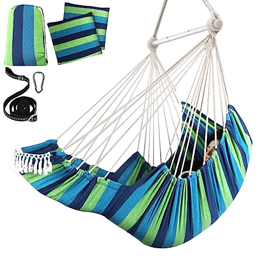 Chihee Hammock Chair Foot Rest 2 Cushions Max 485 lbs Metal Spreader Bar | Robust Hanging Chair Soft Cotton Blended Swing Collapsible Easy Storage Strong Strap Iron Carabiner Pocket Indoor Outdoor - color: Blue/Green Stripes