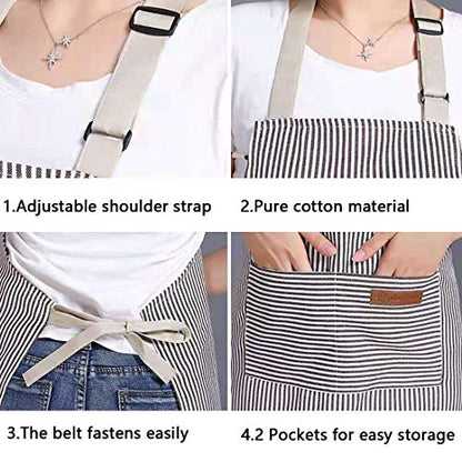 RUIBOLU Adjustable Bib Apron with 2 Pockets Cooking Kitchen Cotton Aprons for Women Men Chef Restaurant BBQ Painting - color: Khaki Stripes