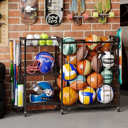 Ball Storage with Elastic Rope for Sports and Outdoors, Garage Organization with Wheels for Sports Gear and Toys, Large-Capacity Sports Equipment Organizer with Baseball Bat Holder and Basketball Rack - size: X-large