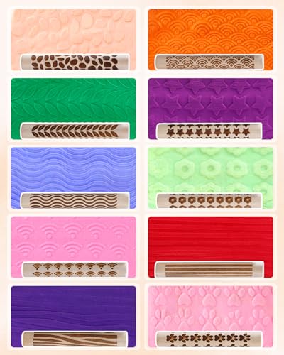 eZAKKA Pattern Rolling Pin for Pottery Ceramics and DIY Handcrafts 5 Pcs | 4.3 Inch Wooden Clay Texture Rollers Set for Embossing Modeling and Crafting - size: 5
