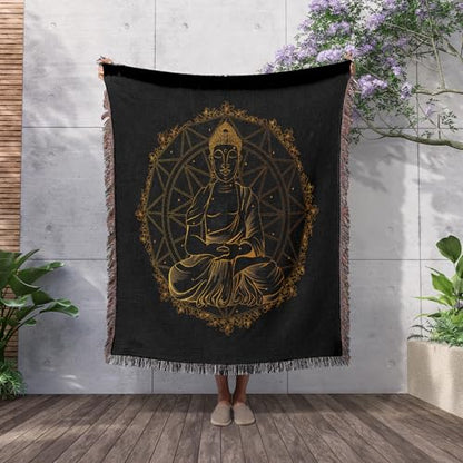 3dRose Golden Buddha Yoga Zen with Gold Mandala Religion Woven Blanket
