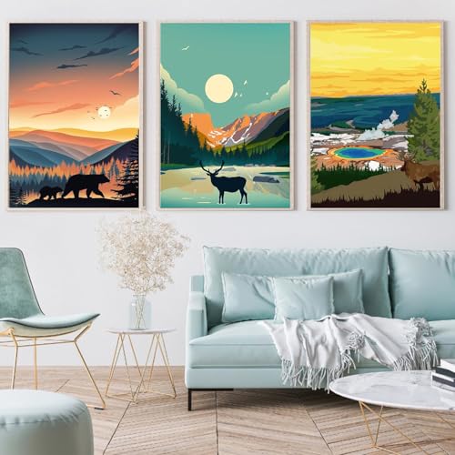 6 Packs Paint by Numbers for Adults Beginners, National Park Painting by Number Kits on Canvas Without Frame, Yellowstone Grand Teton Yosemite Lanscape Craft Arts for Home Wall Decor 9.8x13.8inch - color: LD002