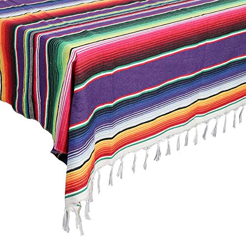 AerWo Mexican Tablecloth 60 x 85 Inch, Colorful Cotton Mexican Blanket with Fringe, Handwoven Beautiful Table Cloth for Mexican Fiesta Party Cinco de Mayo Decorations Perfect Picnic Blanket - color: Purple
