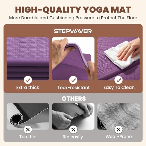 Stepwaver Foldable Fitness Yoga Mat, 0.4” (10 mm) Extra Thick -75” x 26” - color: Purple