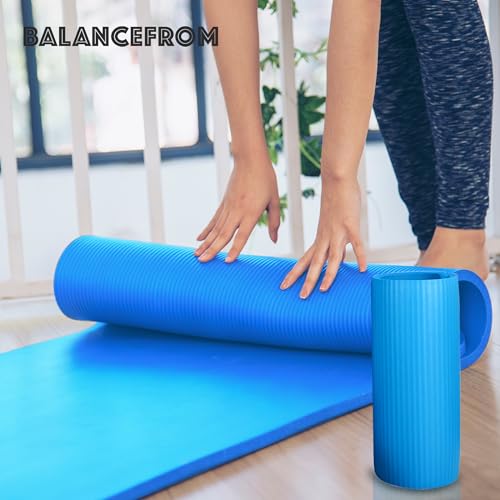 BalanceFrom 71x24 Inches Yoga Mat with Knee Pad and Optional Blocks – Extra 1-Inch Thick Non-Slip Foam with Anti-Tear Surface and Carrying Strap for Home, Studio, or Gym Workouts - color: Blue, style: Mat & Knee Pad