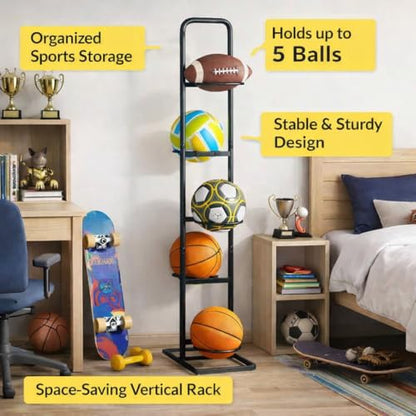 Vertical Ball Rack -basketball rack- Durable Carbon Steel Storage for Basketball, Soccer, Volleyball, and More - Easy to Assemble, Waterproof, Sturdy - 56.7" H - size: 5-Balls without Basket