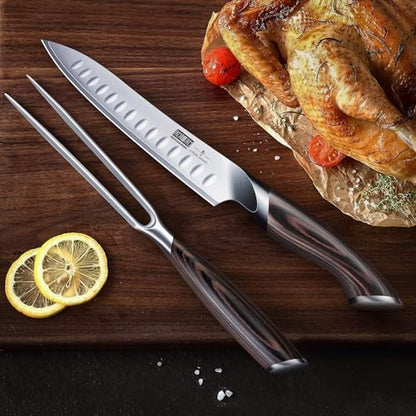HOSHANHO 8 Inch Carving Knife & 7 Inch Fork Set, Razor Sharp Slicing Knife | Professional Japanese High Carbon Steel Butcher Brisket Slicing Knife Set for Meat Cutting, BBQ, Ergonomic Handle, Gifts