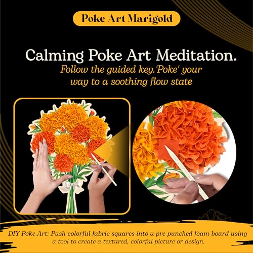 Unwynd Poke Art Marigold Flower Bouquet Kit for Adults, Women and Teens | Hobby activity, brain puzzles, adult, 12 illustration sheets, 12 pages of stickers, 12 colour pages Rubbing Plates & Supplies - style: Marigold