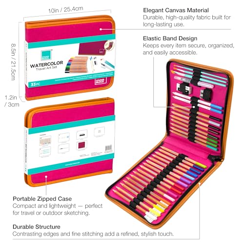 COLOUR BLOCK Watercolor Pencil Travel Art Set 34 PCS, Professional Drawing Kit, 50 Sheets Drawing Pad, Paint Brushes I Vibrant Pigments for Coloring and Blending