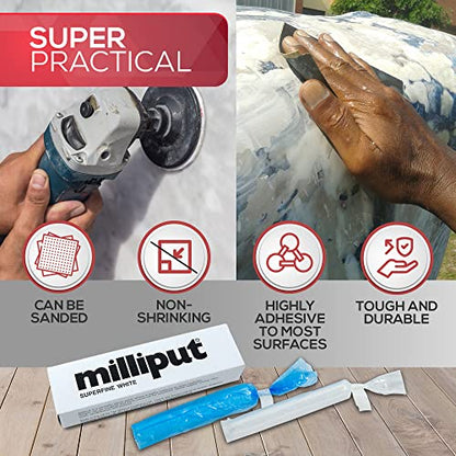 Milliput Superfine White Epoxy Putty 10 Pc Kit - Ceramic & Porcelain Repair | Fixes sinks, tubs, tiles and stone. Includes 6 double ended sculpting tools, sanding sponge, 2 pairs gloves and tips card
