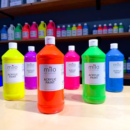 milo Fluorescent Acrylic Paint Set, 6 Neon UV Colors, 32 oz Bottles | Glows in Black Light, AP Certified Non-Toxic, Made in USA, Arts & Crafts Paints for Artists, Student, Hobby Painters, Mixable - style: Fluorescent Set 6 x 32 oz