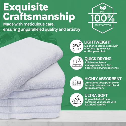 Towels N More 12팩 38.1 x 63.5cm(15 x 25인치) 핸드 타월 - 화이트 소프트 100% 면 링 스펀 루프 - 흡수력이 뛰어나고 빠르게 건조되는 미디엄 타월 리넨 필수품 - 욕실, 스파, 여행 및 체육관에서 사용하기에 이상적