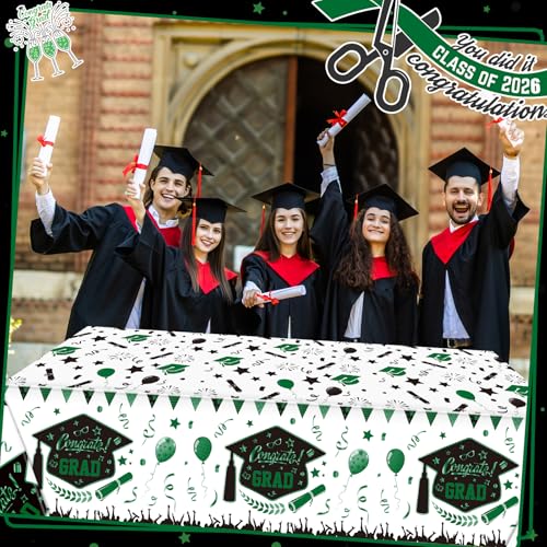 Kinlop 3 Pcs Graduation Tablecloths Class of 2026 Graduation Party Decoration Supplies 51" x 108" Plastic Congrats Grad Table Covers Disposable Graduate Tablecloths(Black, Green) - color: Black, Green