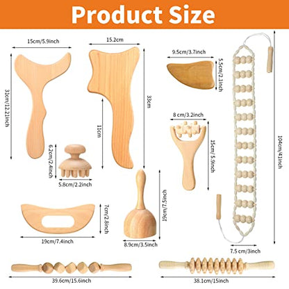 Chumia 10 Pieces Wood Massage Tools Wooden Maderoterapia Kit Therapy Tools Massage Roller Lymphatic Drainage Health Care for Neck Leg Back Arm Body Muscle Pain Relief