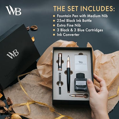 Wordsworth & Black Fountain Pen Gift Set, Medium & Extra Fine Nib, Black Rose - color: Black Rose Gold