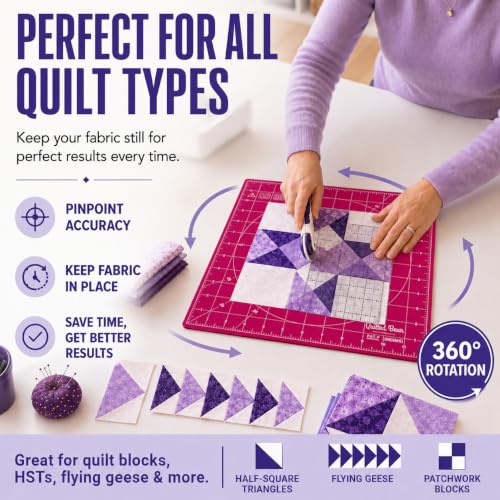 The Quilted Bear 12" x 12" Rotating Self-Healing Cutting Mat, Pink | Square Mat, 360° Rotation, Locking Mechanism, 5-Layer Surface, Non-Slip Base, Clear Inch Grid & Angle Guides for Quilting - color: Pink, size: 12"L x 12"W