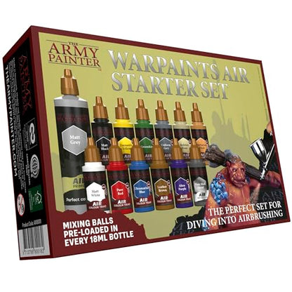 The Army Painter, Warpaints Air Starter Set, 12 x 18 ml | Acrylic Airbrush Paints, incl. 1 Metallic & 1 Grey 100ml Primer - Air brush Paint Kit for models and miniature painting - color: Air Starter Set