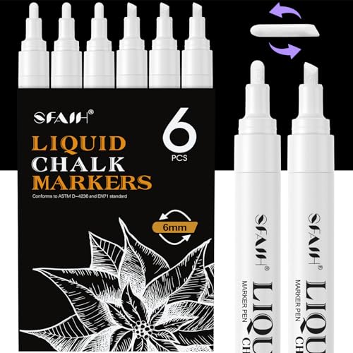 SFAIH White Liquid Chalk Markers for Blackboard Glass, 6 Pack, 6mm Tip | Wet Erase No Residue, Opaque Chalkboard Marker for Chalkboard, Bistro Menu, Business Sign, Windows, Label, Non-Toxic No Dust - color: White, size: 1 Count (Pack of 6), style: Medium