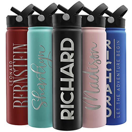 Amazing Items Personalized Water Bottle w/Straw & Lid, 24 oz - Black | Custom Stainless Steel Sports Water Bottle w/Name and Text - Double Wall, Vacuum Insulated - Rotating Handle - color: Jet Black, size: 24 Ounces