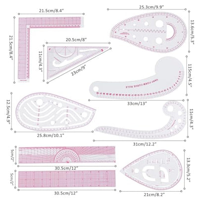 Fashion Clear Metric Sewing Ruler Set, French Curve Pattern Ruler Kit for Beginners Tailors Designers (A-9-Piece Set) - color: A-9-Piece Set
