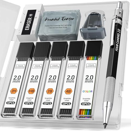 Four Candies 2MM Mechanical Pencil Set with Case, Metal, 60 Lead Refills | HB 2H 2B 4B Color graphite, with eraser, sharpener, leather case, for school writing, sketching, art drawing & drafting - size: 9 Piece Set
