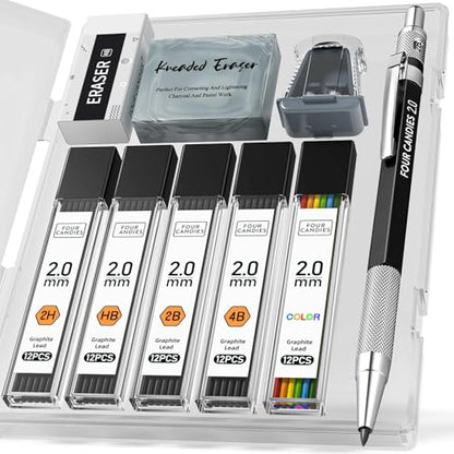 Four Candies 2MM Mechanical Pencil Set with Case, Metal, 60 Lead Refills | HB 2H 2B 4B Color graphite, with eraser, sharpener, leather case, for school writing, sketching, art drawing & drafting - size: 9 Piece Set